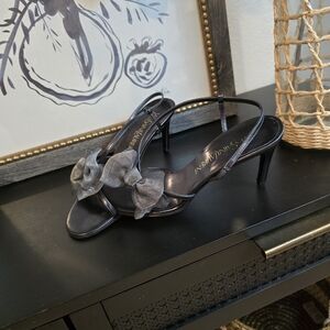 vintage yves saint laurent heels Women's Black Leather Slingback Bow Heels 5.5